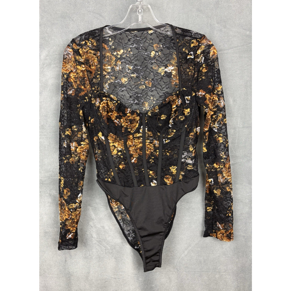 Black Floral Lace Corset Bodysuit Womens M/L Sheer Whimsigoth Fairy Grunge